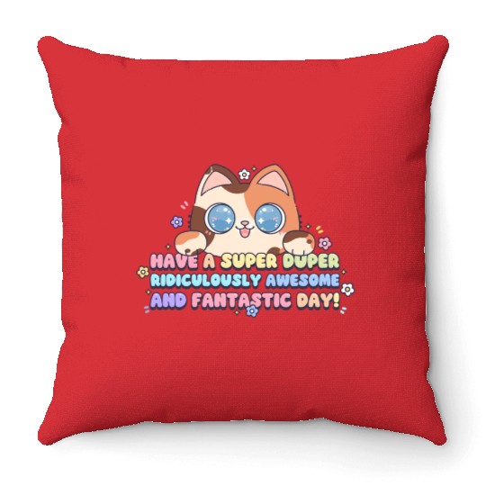 Cute Cat with Sparkling Eyes and Positive Message Throw Pillows