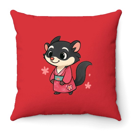 Kawaii Sly Fox in Traditional Kimono Throw Pillows