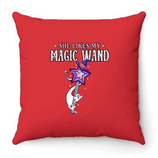 Magical Wand with Witch Hat Illustration Throw Pillows