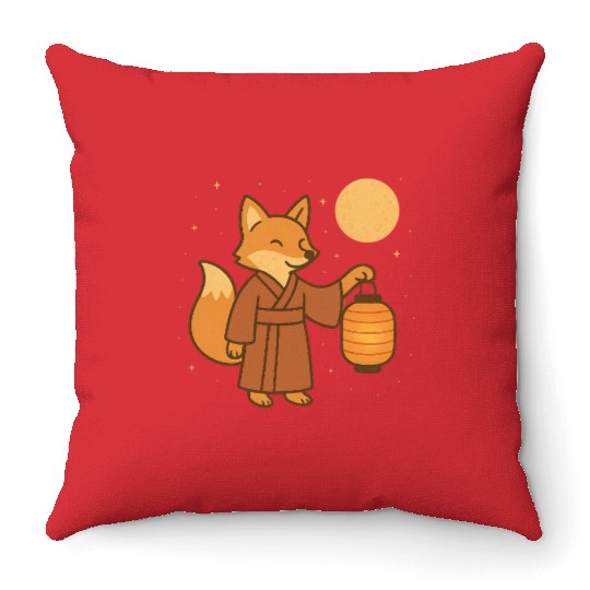 Cute Fox in Traditional Kimono with Lantern Throw Pillows