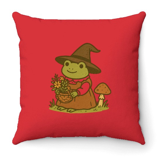 Enchanting Frog Witch with Mushroom and Flowers Throw Pillows