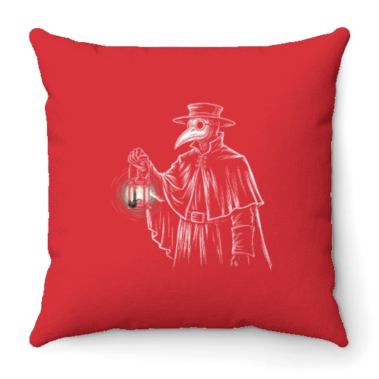 Dark Medieval Plague Doctor Illustration Throw Pillows