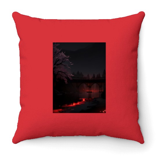 Nighttime Bridge and Cherry Blossom Scene Throw Pillows
