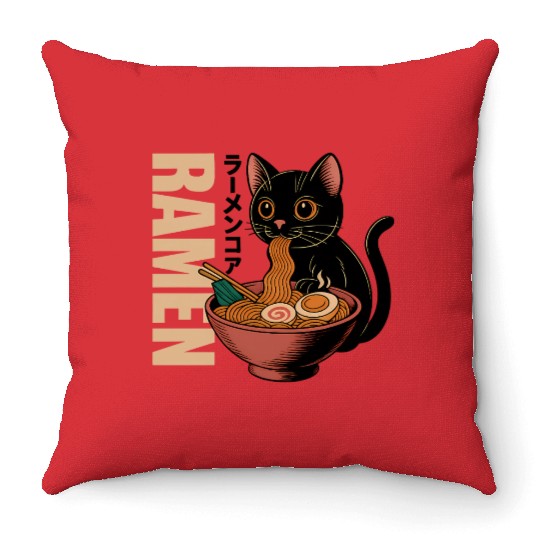 Black Cat Ramen Illustration Throw Pillows