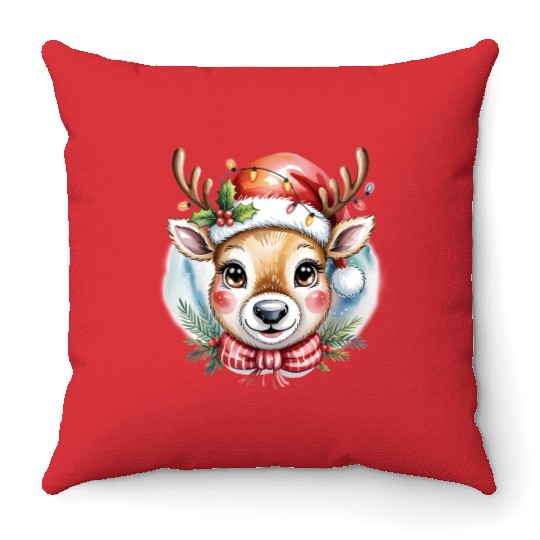 Cute Rudolph Reindeer Watercolor Christmas Art Throw Pillows