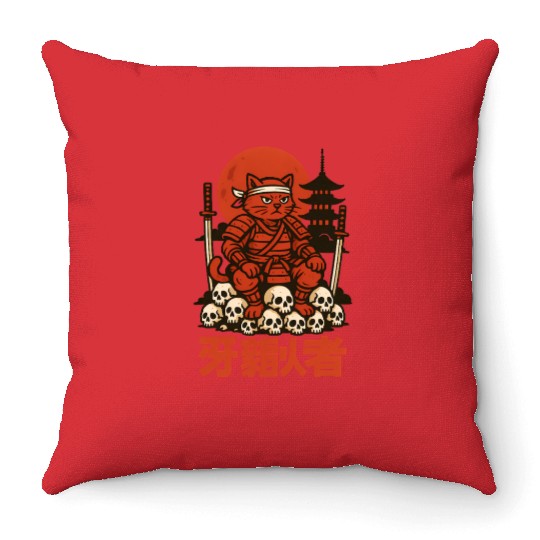 Samurai Cat with Skulls and Pagoda Throw Pillows
