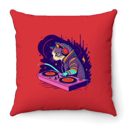 Cosmic Cat DJ Throw Pillows