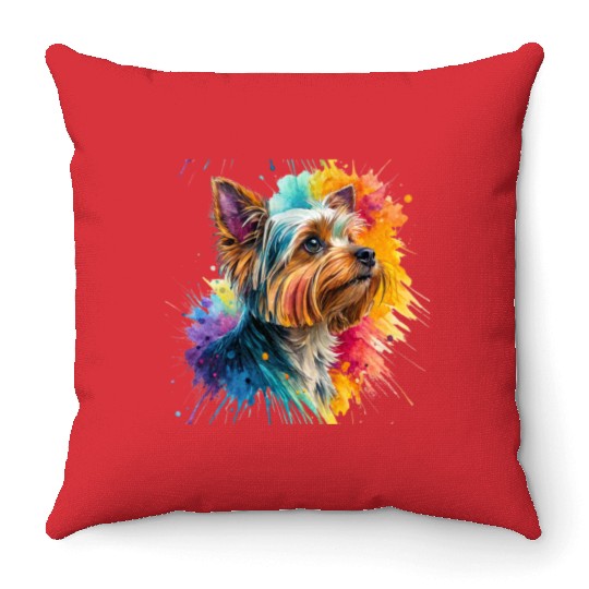 Vibrant Yorkie Watercolor Portrait Throw Pillows