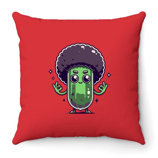 Whimsical Broccoli with Afro Hair Throw Pillows