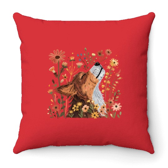 Serene Howling Wolf Amid Floral Bloom Throw Pillows