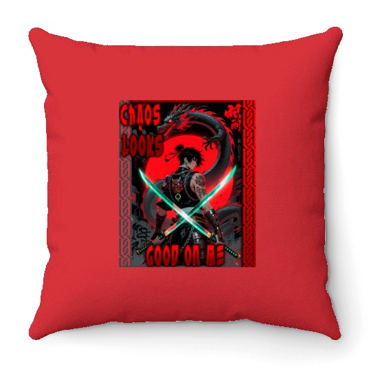 Cyberpunk Samurai with Dragon Throw Pillows