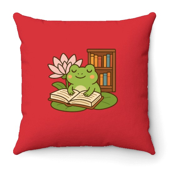 Serene Frog Reading Book Under Lotus Throw Pillows