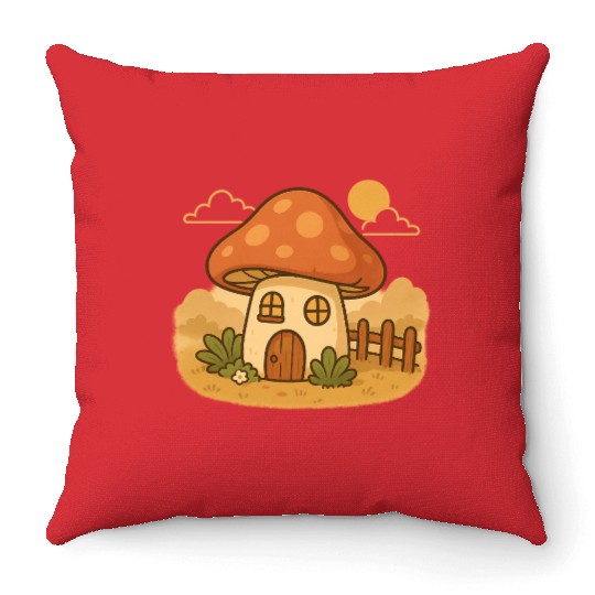 Whimsical Mushroom House Design Throw Pillows