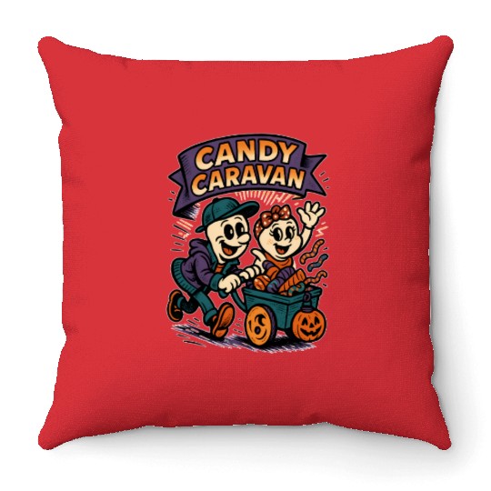 Candy Caravan Halloween Design Throw Pillows
