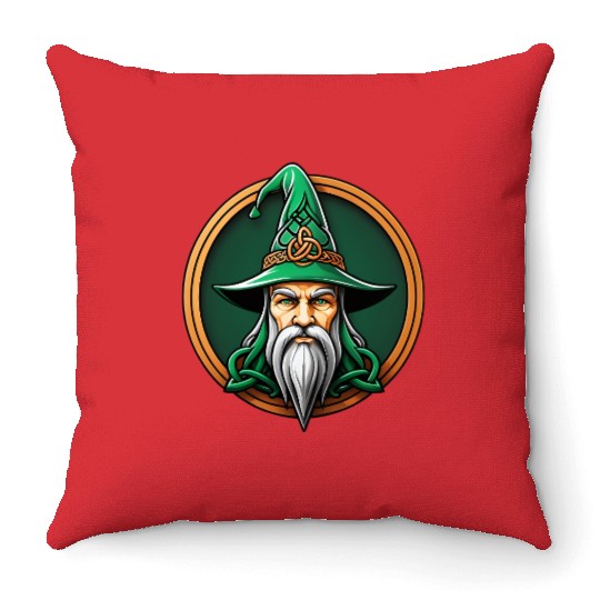Ancient Wizard with Green Hat Throw Pillows