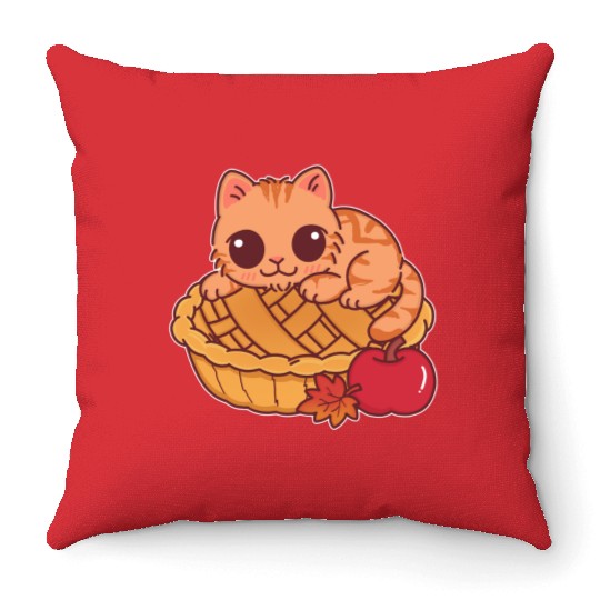 Kawaii Cat on Autumn Apple Pie Throw Pillows