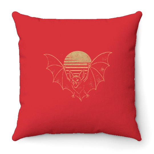 Retro Sunset Bat Silhouette with Full Moon Throw Pillows