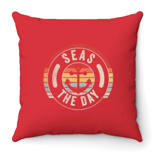 Seas Day Teal Nautical Anchor Funny Cruise Retro Throw Pillows