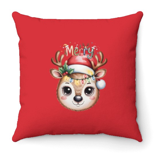 Rudolph Reindeer Watercolor Cozy Holiday Art Throw Pillows