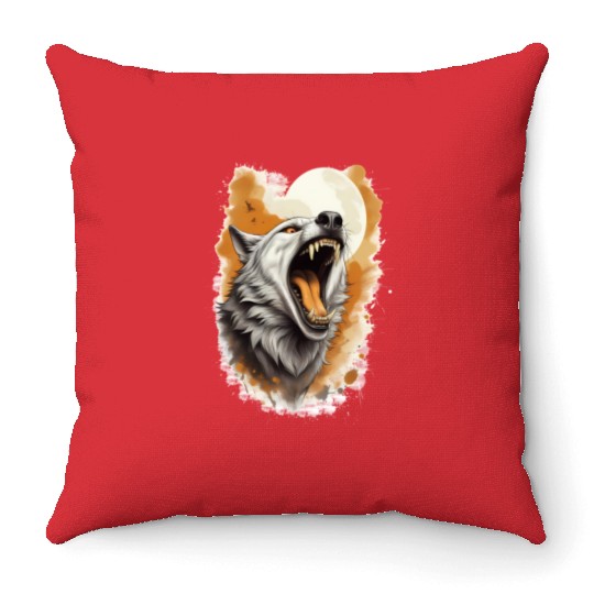 Howling Wolf Under Full Moon Throw Pillows