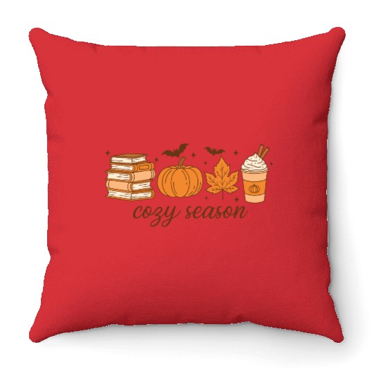 Cozy Season Pumpkin Latte Halloween Books & Leaves Throw Pillows