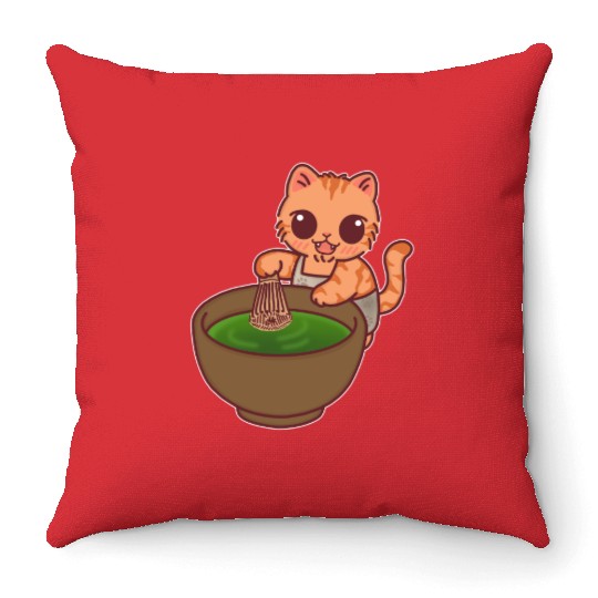 Kawaii Cat Matcha Barista Whisking Tea Throw Pillows