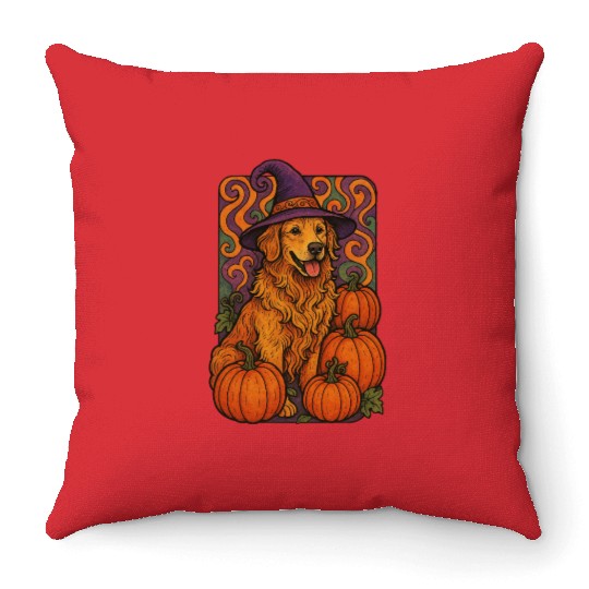 Halloween Wizard Golden Retriever with Pumpkins Throw Pillows