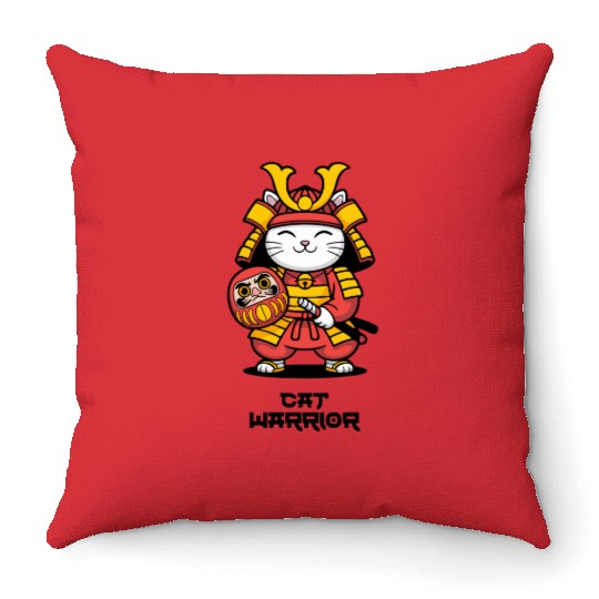 Kawaii Samurai Cat with Daruma Doll – Japanese  Throw Pillows