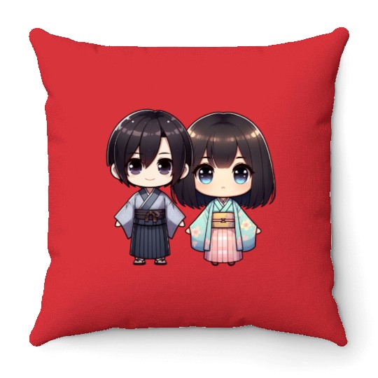 Chibi Kawaii Traditional Kimono Duo Throw Pillows