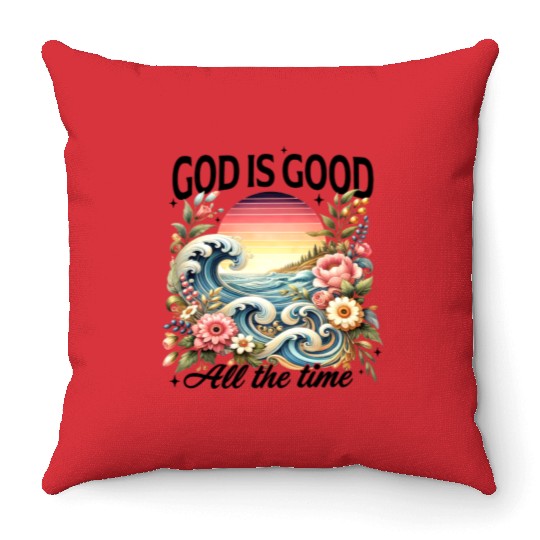 Elegant Wave and Floral Sunset Scene - GOD IS GOOD Throw Pillows