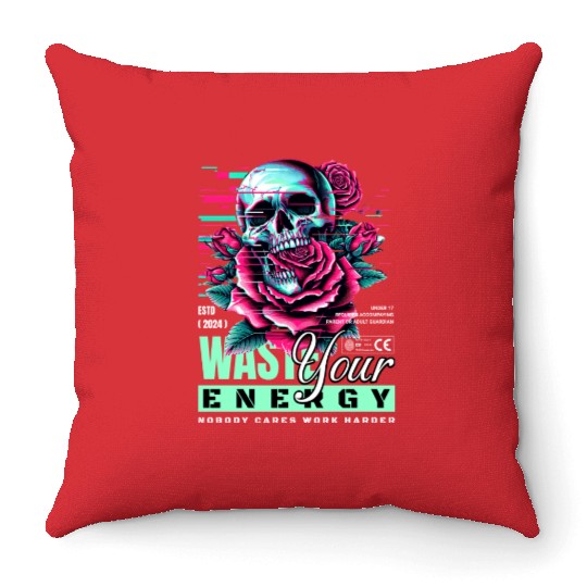Vivid Skull with Roses Neon Artwork Throw Pillows