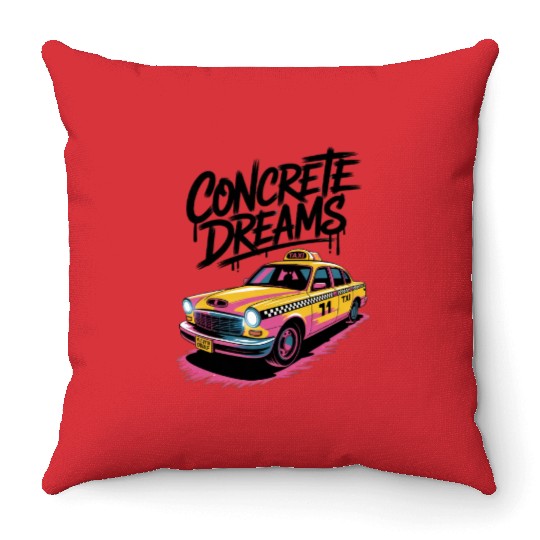 Vibrant Taxi Dreams Illustration Throw Pillows