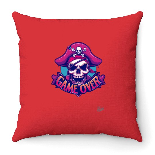 Pirate Skull with Eye Patch and Game Over Banner Throw Pillows