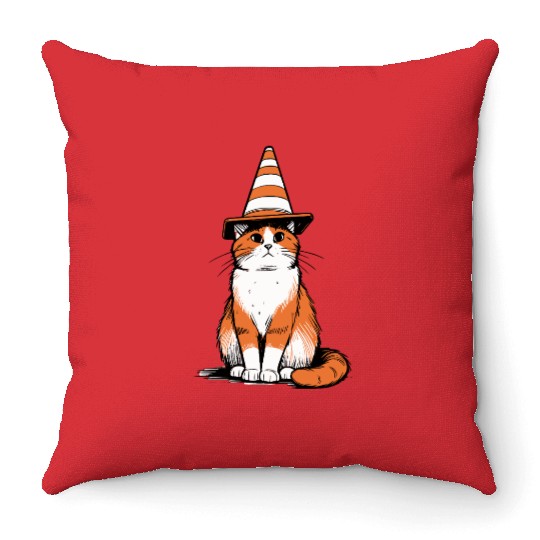 Traffic Cone Cat Throw Pillows