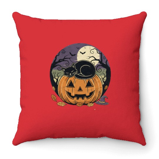 Spooky Cat Nap Pumpkin | Halloween Party Design Throw Pillows