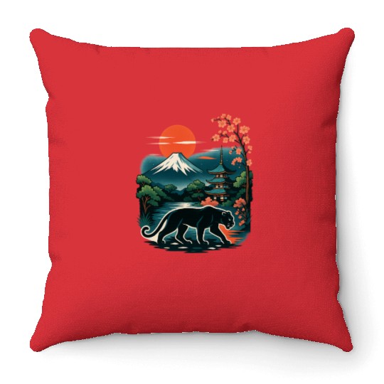 Serene Japanese Landscape with Mount Fuji Throw Pillows