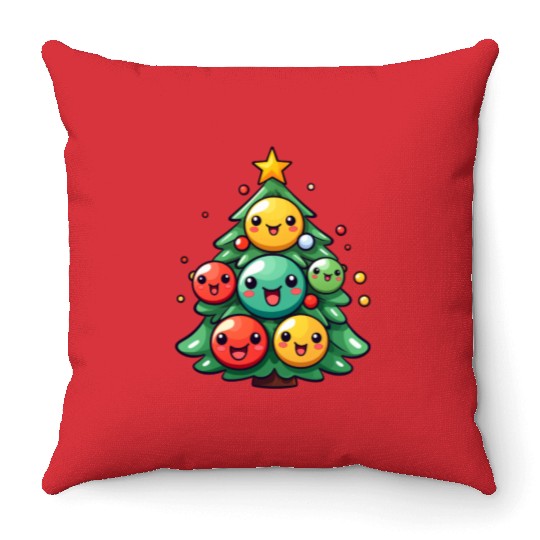 Kawaii Christmas Tree with Chibi Ornaments Throw Pillows