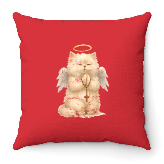 Heavenly Praying Cat with Angel Wings Throw Pillows