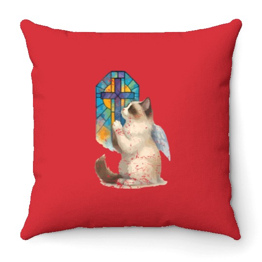 Celestial Cat with Stained Glass Cross Throw Pillows