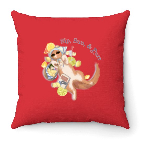 sip, sun, & purr Throw Pillows
