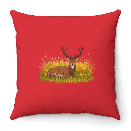 Elegant Deer in Autumn Meadow Throw Pillows
