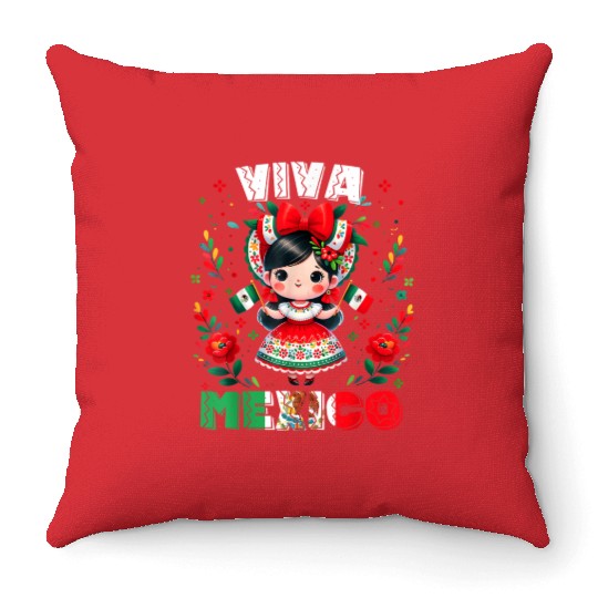 Viva Mexico Mexican Girl Flag Independence Day  Throw Pillows