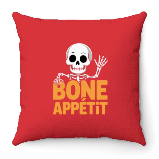 Halloween Skeleton with Bone Appétit Text Throw Pillows