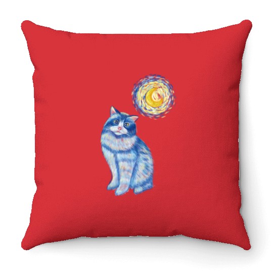 Blue Van Gogh Starry Night Ragdoll Cat Graphic Throw Pillows