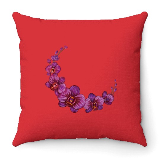 Violet Moon Orchid Flower branch illustration Throw Pillows