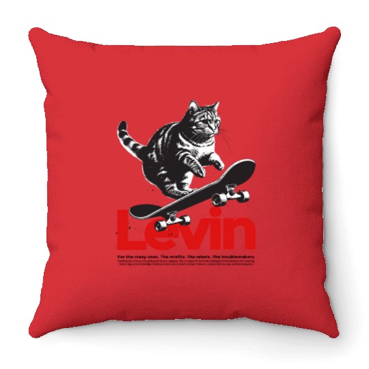Cool Cat Skateboard with cute Boy Name LEVIN Throw Pillows