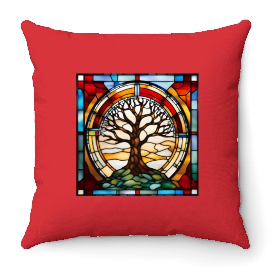 Stained Glass Tree of Life Artwork Throw Pillows