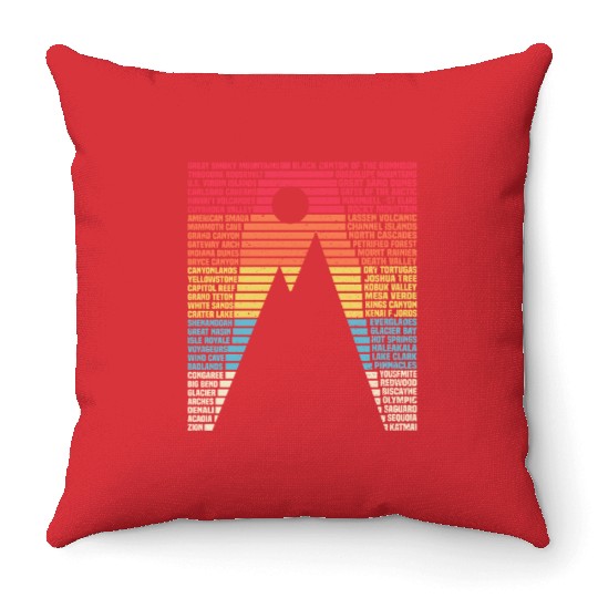 National Parks List Word Vintage Camping Hiking Throw Pillows