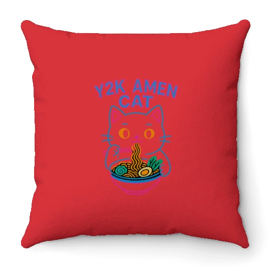 Y2K Ramen Cat – Retro Neon Anime Noodle Lover Desi Throw Pillows