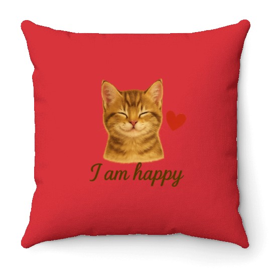 I Am Happy – Cute Realistic Cat with Red Heart Throw Pillows